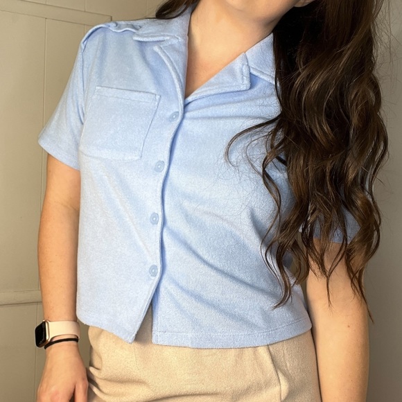 Retro Terry Cloth Blue Short Sleeve Top by Bar III New with Tags - Picture 8 of 9